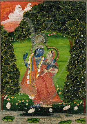 Radha and Krishna in the Garden. Indian painting. Fine art print 