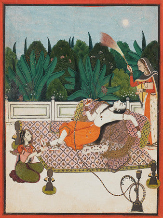 Reclining Woman Smoking a Hookah. Indian painting. Fine art print 
