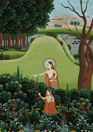 Indian women picking flowers. Antique Hindu painting. Fine art print 
