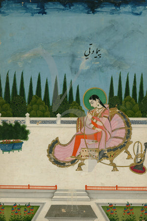 Woman Smoking a Hookah, India, Mughal painting. Fine art print 