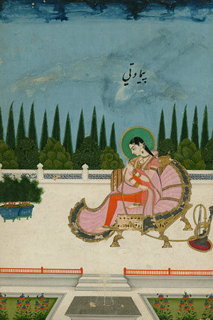 Woman Smoking a Hookah. Indian, Mughal painting. Fine art print 