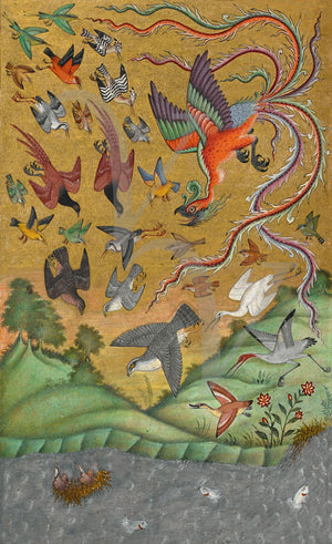 Persian bird painting with a Simurgh, from Mantiq al-tair. Language of the Birds. 