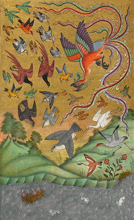Persian bird painting with a Simurgh, from Mantiq al-tair. Language of the Birds. Fine art print 