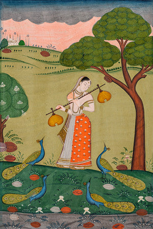 Woman in a landscape with peacocks. Kakubha Ragini . Indian Ragamala painting.