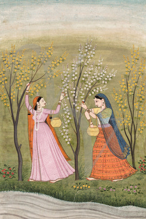Painting of two Indian woman with blossoming trees near a river. Fine art print