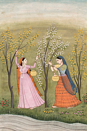 Vasanta Ragini. Indian Ragamala painting of two women under blossoming trees. Fine art Print
