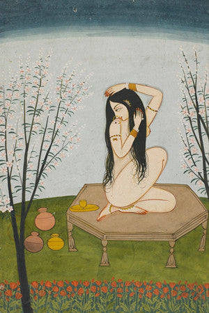 Bathing woman. Antique Indian painting. Fine art print 
