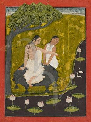 Women Near a Lotus Pool. Indian painting. Fine art print 