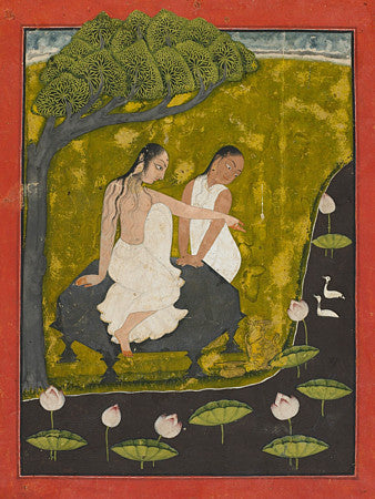 Women Near a Lotus Pool. Indian painting. Fine art print 