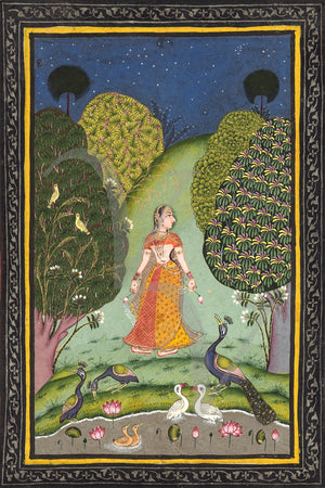 Indian Ragamala painting of a woman in the night with peacocks. Fine art print 