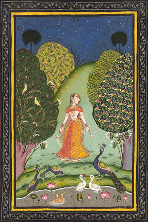 Woman with Peacocks and Lotus Blooms. Indian Ragamala painting. Fine art print