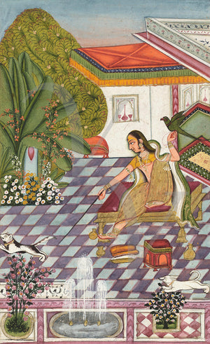 Indian painting of a woman with a cat and a bird. Rajasthan. Fine art print 