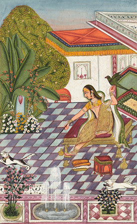 Indian painting of a woman with a cat, a bird and a dog. Rajasthan. Fine art print 