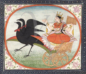 The Hindu Goddess Dhumavati in a chariot of crows. Vintage Indian fine art print 
