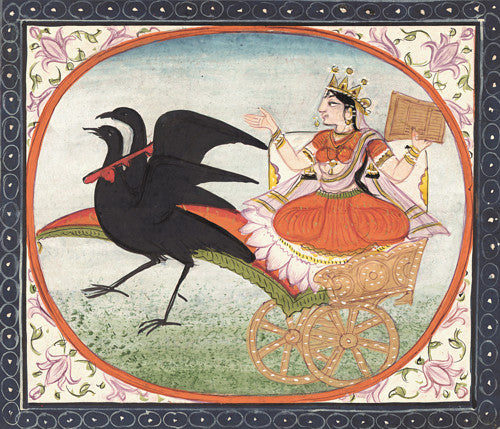 The Hindu Tantric Goddess Dhumavati in a chariot of crows. Antique Indian painting. Fine art print 