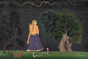 Abhisarika Nayika. Indian, Kangra painting of a woman rushing through a forest in a storm to meet her lover. 