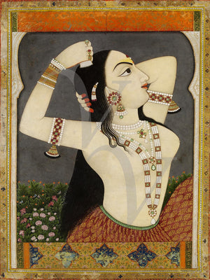 Indian painting of a woman combing her hair. Fine art print 