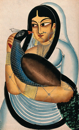Woman holding a peacock. Indian, Khalighat Painting. Fine art print
