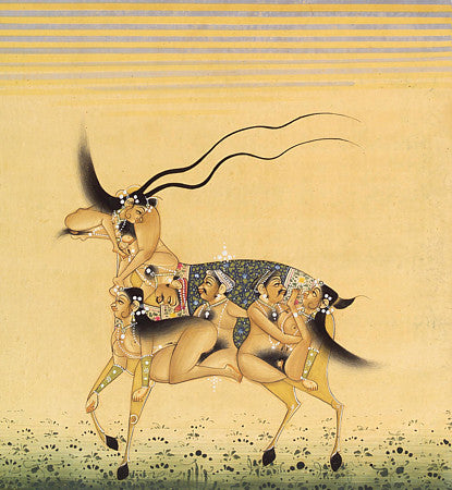 Antique Indian composite painting of an antelope with lovemaking couples. Erotica. Fine art print