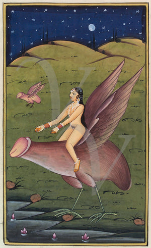 Nude female Riding Giant Winged Penis. Vintage Indian erotica