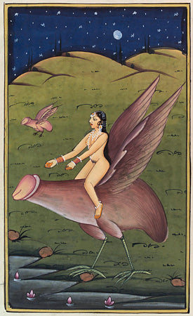 Woman Riding Giant Winged Penis. Antique Indian erotic painting
