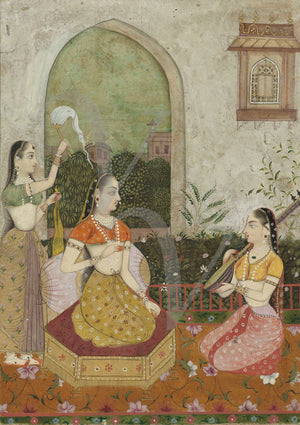 Indian painting of a Princess with two attendants, Rajasthan. Fine art print