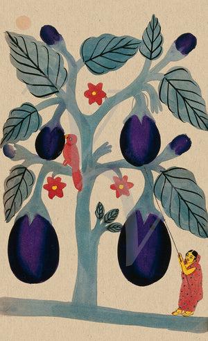 Indian, Kalighat painting of a woman picking aubergines. Fine art print