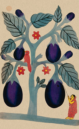 Indian, Kalighat painting of a woman picking aubergines. Fine art print