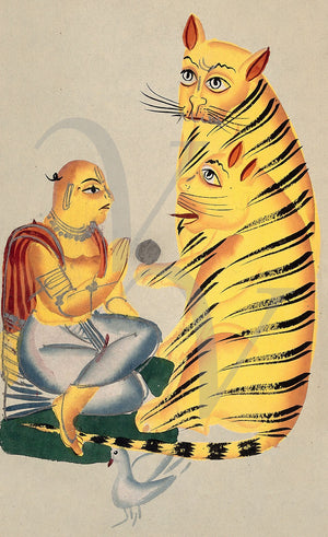A Holy Man with Tigers. Indian, Kalighat painting. Fine art print 