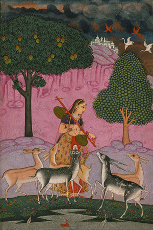 Todi Ragini. Indian Deccan painting of a woman with forest animals. Fine art print