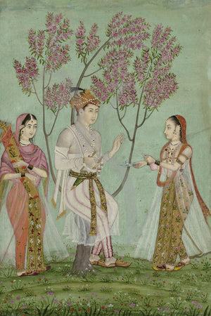 A Prince and two women. Deccan painting, India. Fine art print