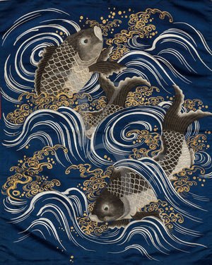 Carp in Waves. Japanese embroidery design. Meiji period. Fine art print