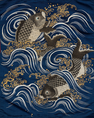 Carp in Waves. Japanese embroidery design. Meiji period. Fine art print