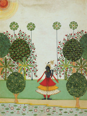 Krishna Fluting in the Forest. Indian painting. Fine art print