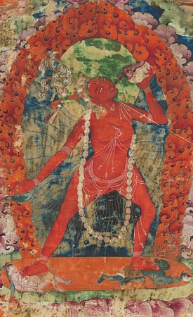 Tibetan painting of a Vajrayogini, tantric female Goddess. Antique Buddhist deity. Fine art print