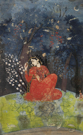 Utka Nayika. Pahari painting of a woman awaiting her lover in the forest. Kangra, India. Fine art print
