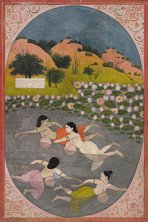 Sindhuri Ragini. Women swimming in a lotus pond. Indian painting. Fine art print