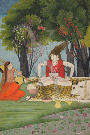 Shiva enraged by Parvati's interruption of his meditation. Indian, Pahari painting. Fine art print