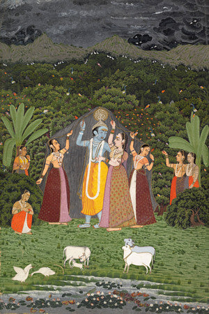 Indian painting of Krishna and the Gopis sheltering from rain in the forest. Hindu fine art print