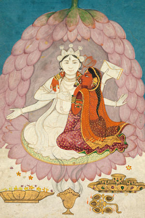 Indian, Kangra, painting of Hindu deities Vishnu and Lakshmi sitting on a lotus blossom. Fine art print