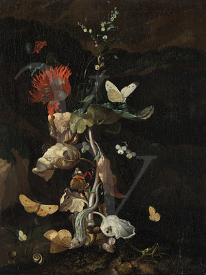 Vintage painting of a dark forest floor with reptiles and moths. Fine art print