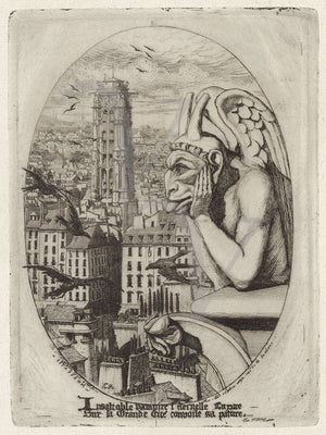 The Vampire. Gargoyle of Notre Dame Paris. Antique etching. Fine Art print