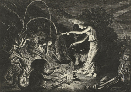 Sorceress. Antique Engraving of a witch at her cauldron conjuring spirits