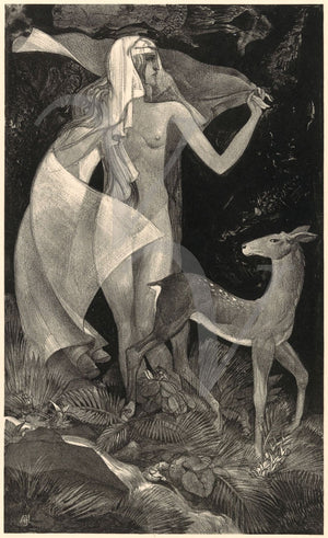 At the Source. Woman with Deer in Night Forest. 