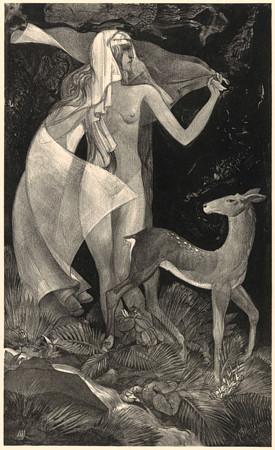 At The Source. Woman with a Deer. Symbolist artwork. Fine art print