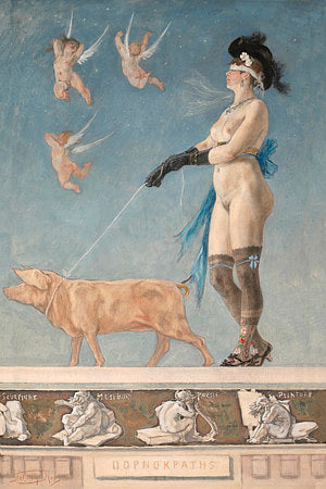 Pornocrates by Felicien Rops. Woman walking a pig. Fine art print
