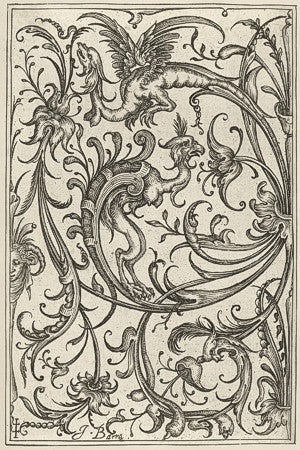 Female Dragons. Grotesque engraving. Fine art print. 