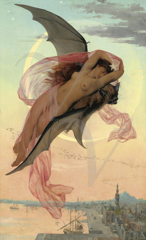 Moonlit Dreams painting. Victorian nude riding a bat. 