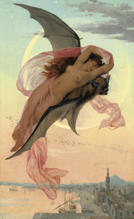Victorian moon Goddess riding a bat. Moonlit Dreams painting