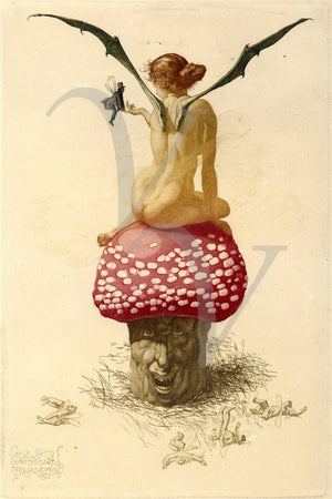Amanita Muscaria. A vintage nude with wings sitting on a Fly Agaric mushoom. Fine art print
